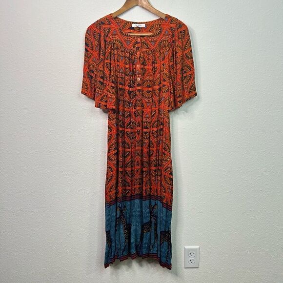 Go Softly Patio Multicolor Safari Giraffe Pleated Orange Dress Size L - Picture 1 of 14